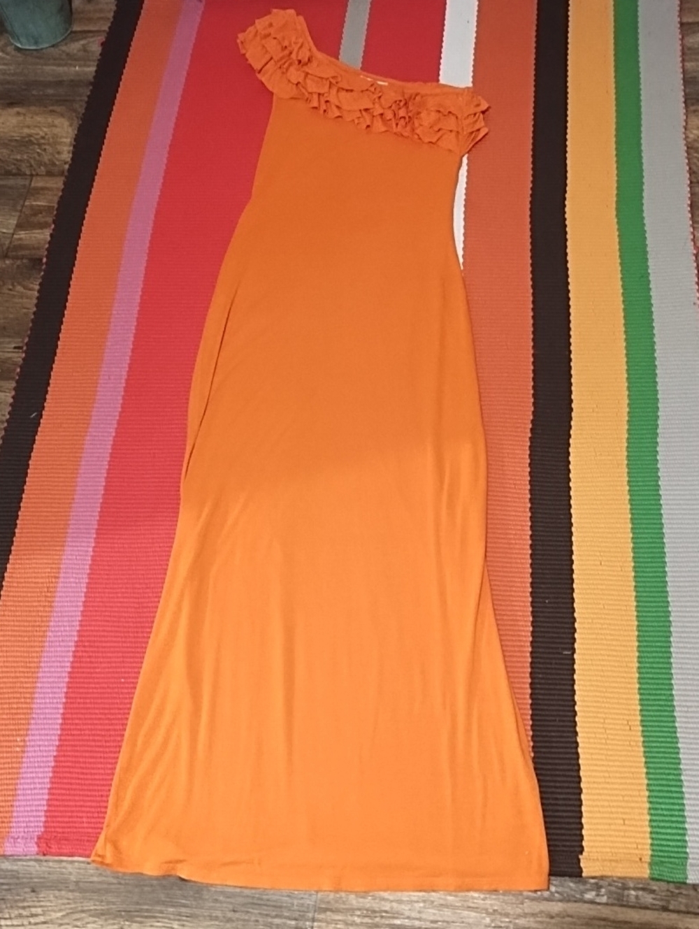 Pink Rose One-Shoulder Orange Ruffle Maxi Dress Like New Medium.